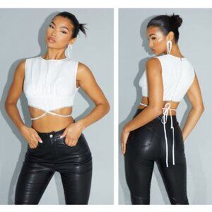 PrettyLittleThing | Women's White Woven Ruched Diamante Trim Tie Waist Crop Top
